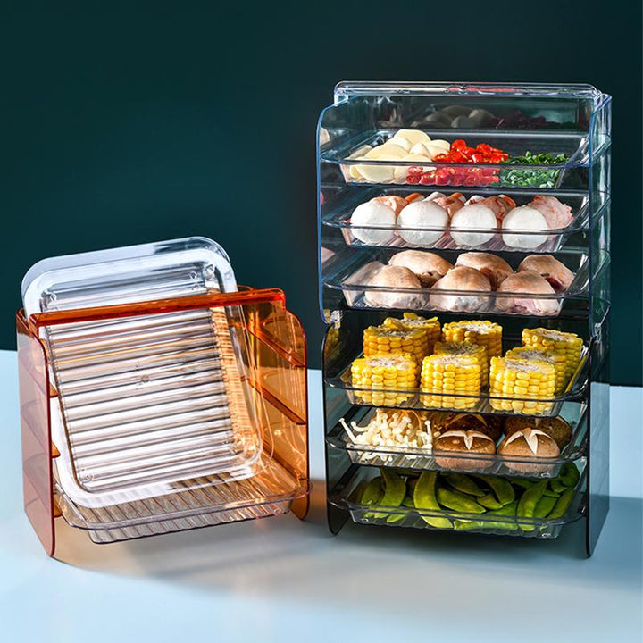 3-lags serveringsfad i hvid, grøn og orange, lavet af plast, pladsbesparende design til køkken eller fest.