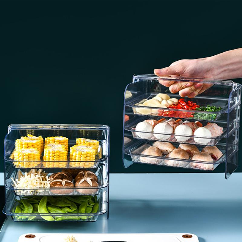 3-lags serveringsfad i hvid, grøn og orange, lavet af plast, pladsbesparende design til køkken eller fest.