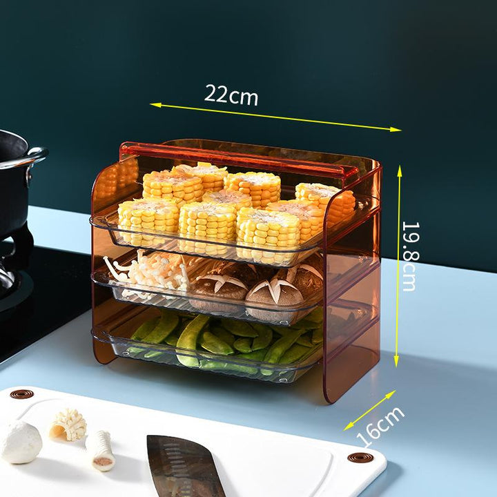 3-lags serveringsfad i hvid, grøn og orange, lavet af plast, pladsbesparende design til køkken eller fest.