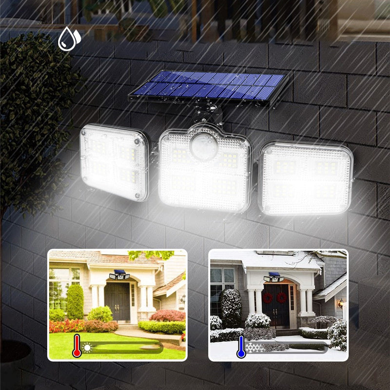 Trippel solcelle LED udendørs væglampe, moderne design, justerbart lys, 2500 lumen lysstyrke, IP65 vandtæt.