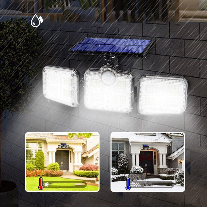 Trippel solcelle LED udendørs væglampe, moderne design, justerbart lys, 2500 lumen lysstyrke, IP65 vandtæt.