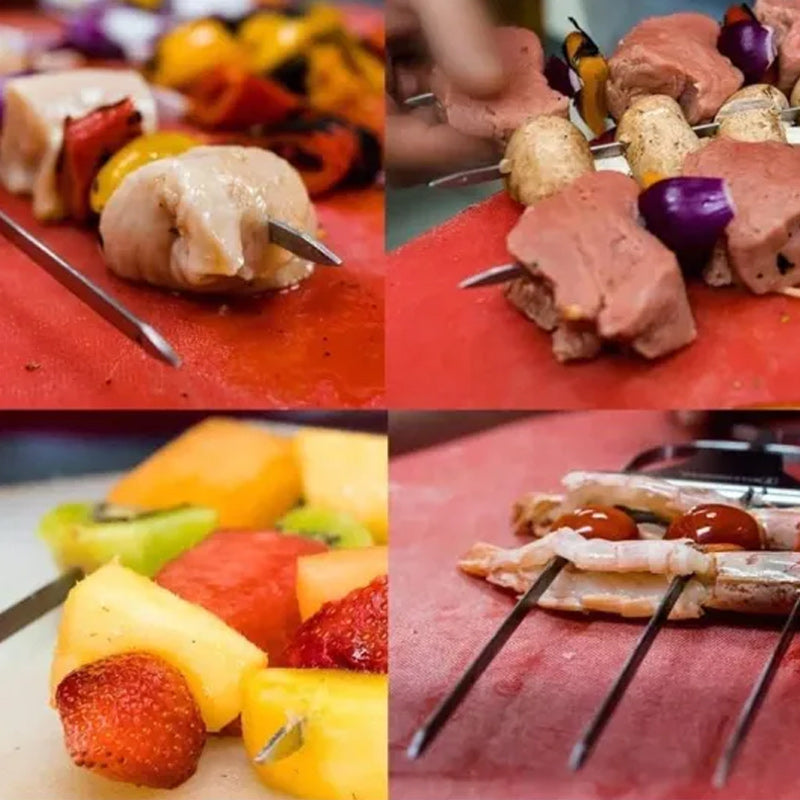 Grillspyd i rustfrit stål med tre kroge, moderne og holdbart design i rustfrit stål, plads til flere ingredienser.