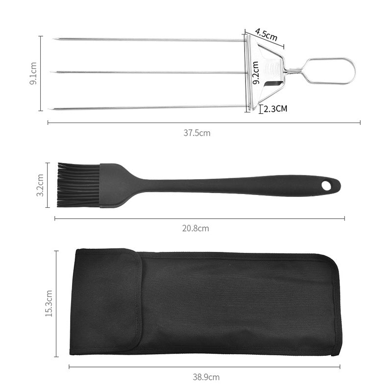 Grillspyd i rustfrit stål med tre kroge, moderne og holdbart design i rustfrit stål, plads til flere ingredienser.