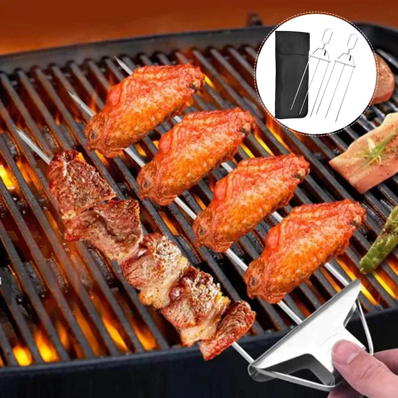 Grillspyd i rustfrit stål med tre kroge, moderne og holdbart design i rustfrit stål, plads til flere ingredienser.