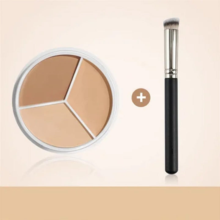 Trefarvet langtidsholdbar concealer SPF 20, kompakt og stilfuld emballage, velegnet til alle hudtoner og giver UV-beskyttelse