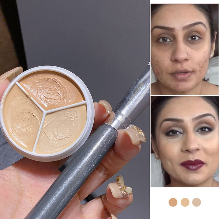 Trefarvet langtidsholdbar concealer SPF 20, kompakt og stilfuld emballage, velegnet til alle hudtoner og giver UV-beskyttelse