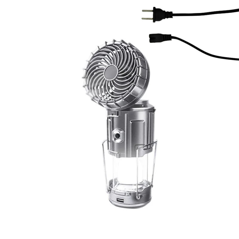 Kannettava 6-in-1 aurinkokäyttöinen LED-retkilamppu, kultainen sävy, monitoimirakenne valaistuksella ja tuulettimella.