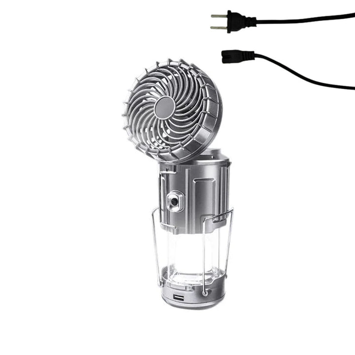 Kannettava 6-in-1 aurinkokäyttöinen LED-retkilamppu, kultainen sävy, monitoimirakenne valaistuksella ja tuulettimella.