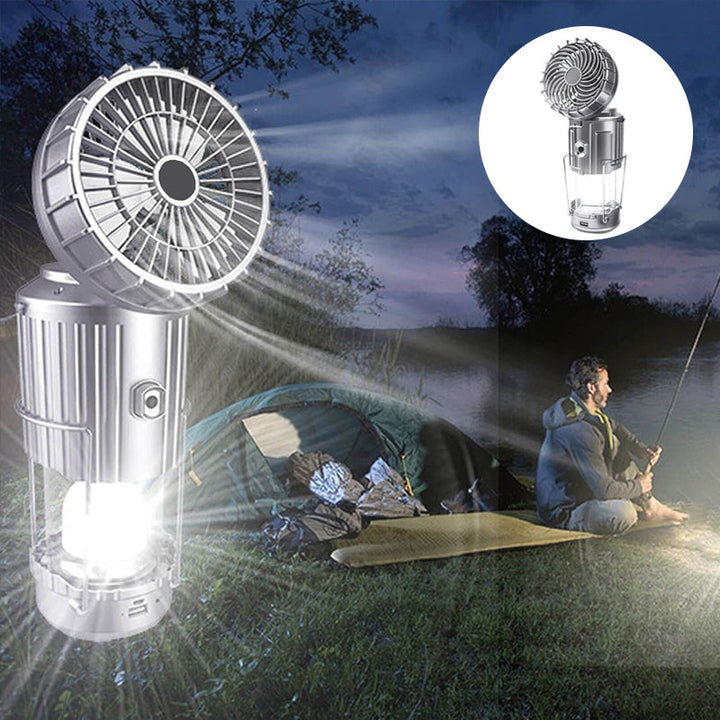 Kannettava 6-in-1 aurinkokäyttöinen LED-retkilamppu, kultainen sävy, monitoimirakenne valaistuksella ja tuulettimella.