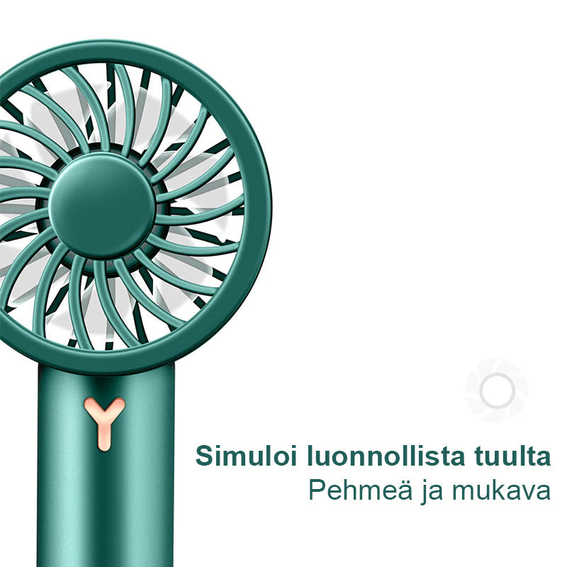 Kompakti USB-ladattava teleskooppituuletin, vaaleanpunainen, valkoinen ja vihreä, taitettava ja kannettava malli.
