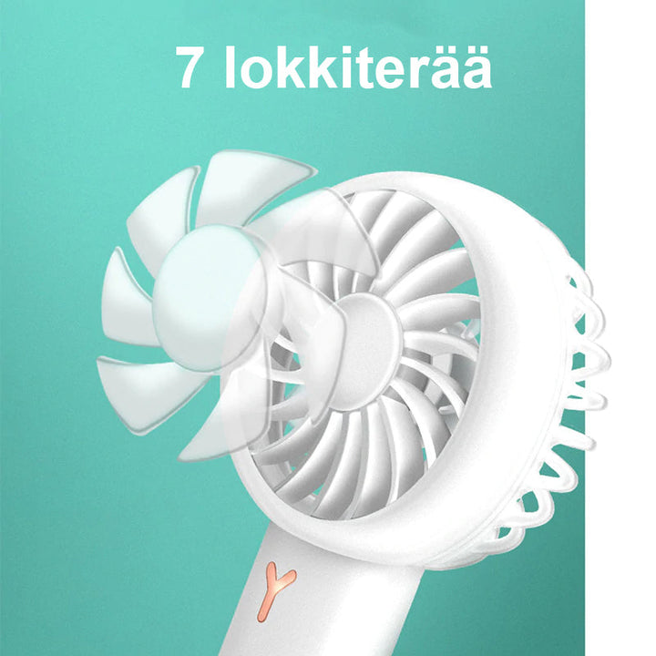 Kompakti USB-ladattava teleskooppituuletin, vaaleanpunainen, valkoinen ja vihreä, taitettava ja kannettava malli.