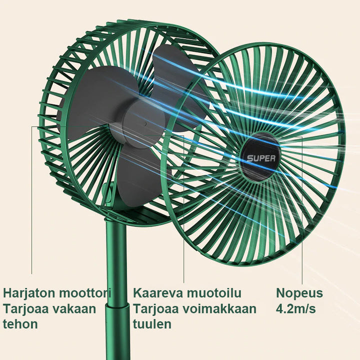 Kompakti USB-ladattava teleskooppituuletin, vaaleanpunainen, valkoinen ja vihreä, taitettava ja kannettava malli.