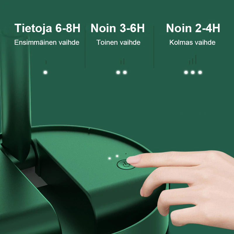 Kompakti USB-ladattava teleskooppituuletin, vaaleanpunainen, valkoinen ja vihreä, taitettava ja kannettava malli.