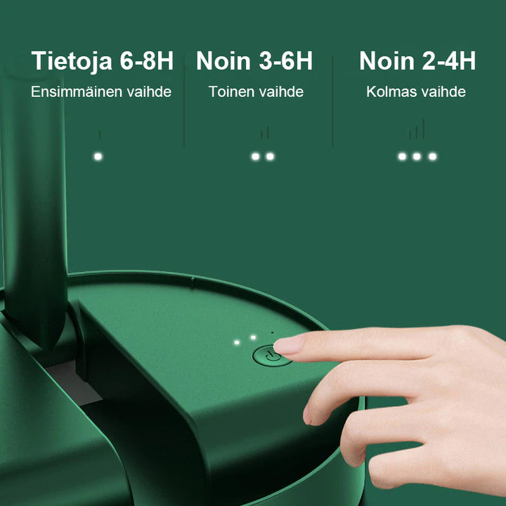 Kompakti USB-ladattava teleskooppituuletin, vaaleanpunainen, valkoinen ja vihreä, taitettava ja kannettava malli.
