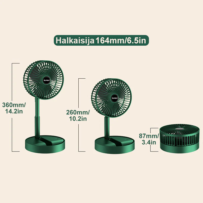 Kompakti USB-ladattava teleskooppituuletin, vaaleanpunainen, valkoinen ja vihreä, taitettava ja kannettava malli.