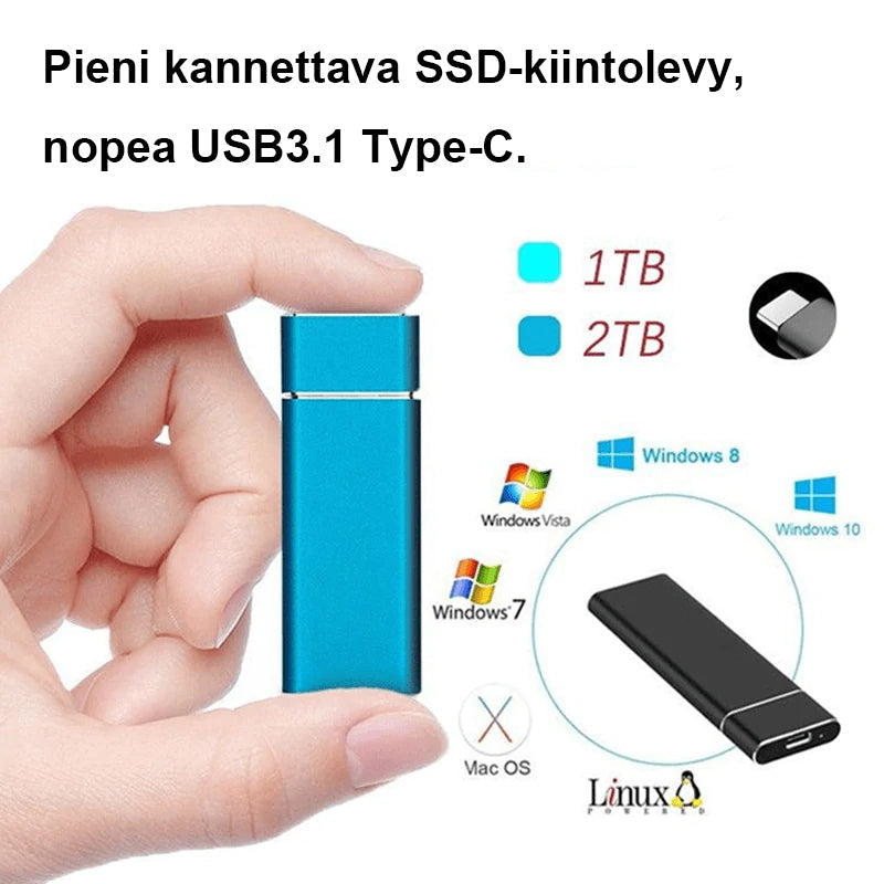 Kompakt aluminium bærbar SSD-harddisk, sølv, slank og let, hurtig dataoverførsel og bred kompatibilitet.