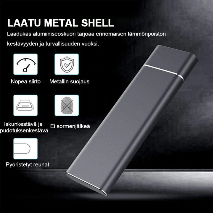 Kompakt aluminium bærbar SSD-harddisk, sølv, slank og let, hurtig dataoverførsel og bred kompatibilitet.