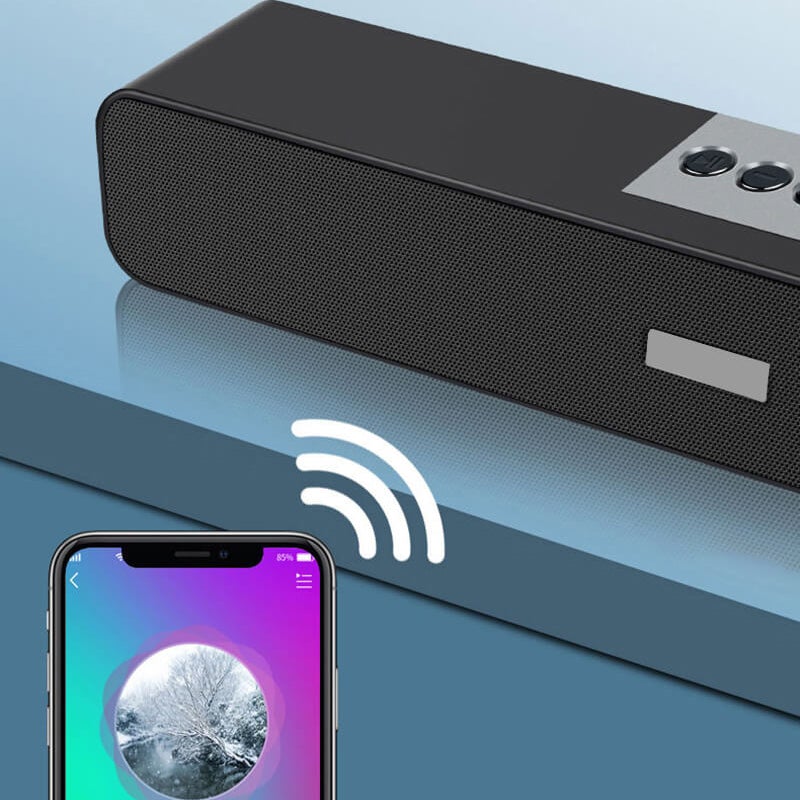Kompakt grå bærbar Bluetooth 5.0 højttaler til moderne smart home, tilbyder HD-lyd og 10-12 timers batterilevetid.