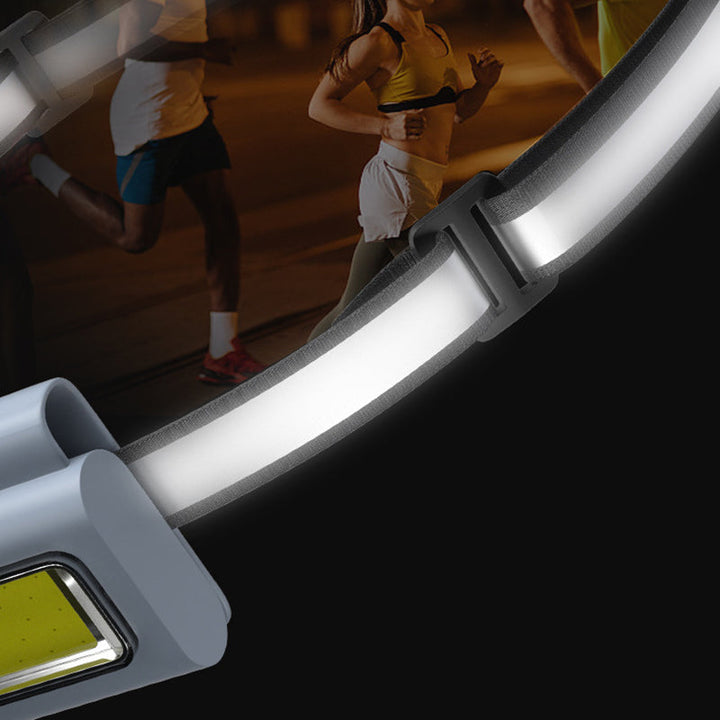 Kompakt grå bærbar LED-lommelygte, magnetisk beslag, flere lysindstillinger, USB-genopladelig, IPX4 vandtæt.