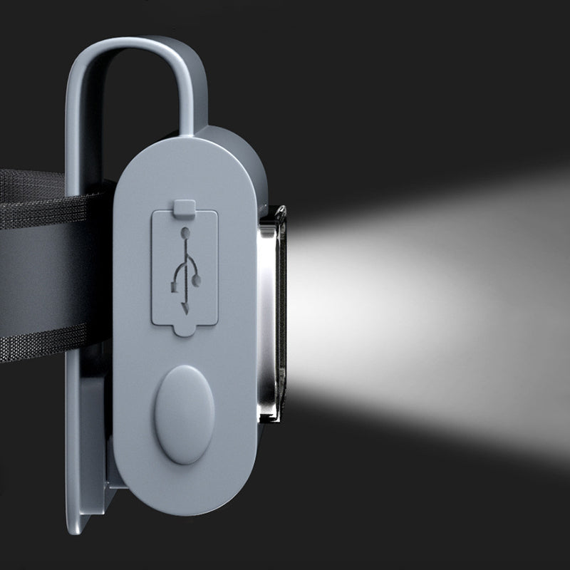 Kompakt grå bærbar LED-lommelygte, magnetisk beslag, flere lysindstillinger, USB-genopladelig, IPX4 vandtæt.