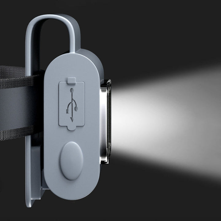 Kompakt grå bærbar LED-lommelygte, magnetisk beslag, flere lysindstillinger, USB-genopladelig, IPX4 vandtæt.