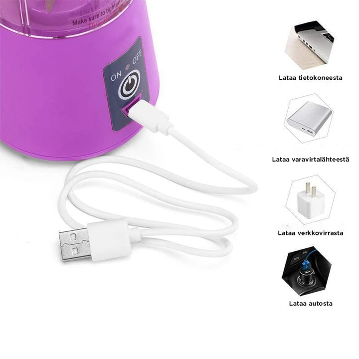"Kompakti ja monikäyttöinen USB-ladattava matkatehosekoitin; erityinen lasi- ja muovimateriaaleita, saatavilla eri väreinä."