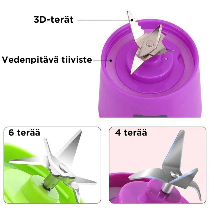 "Kompakti ja monikäyttöinen USB-ladattava matkatehosekoitin; erityinen lasi- ja muovimateriaaleita, saatavilla eri väreinä."