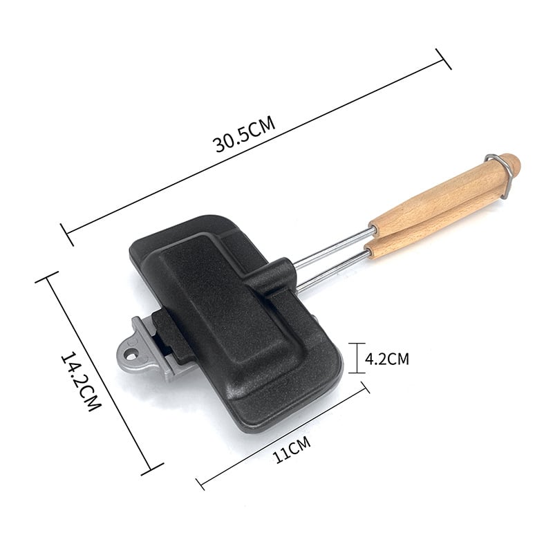 Kompakt dobbelsidet sandwich-bageform i aluminium, sort non-stick belægning, ideel til små køkkener.