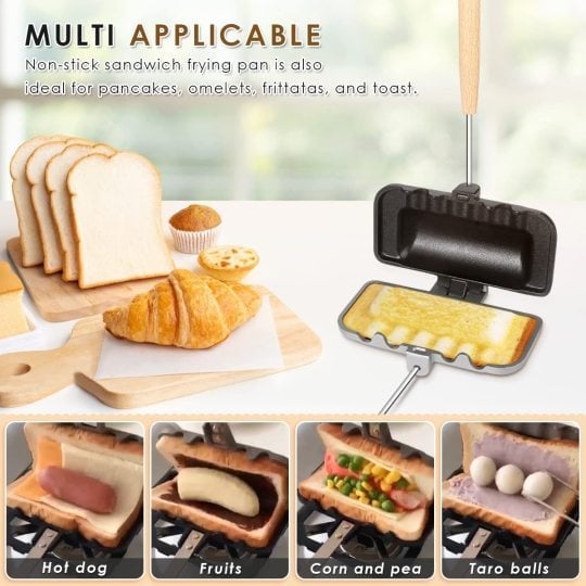 Kompakt dobbelsidet sandwich-bageform i aluminium, sort non-stick belægning, ideel til små køkkener.