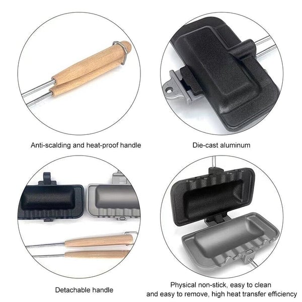 Kompakt dobbelsidet sandwich-bageform i aluminium, sort non-stick belægning, ideel til små køkkener.