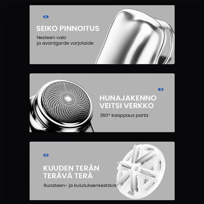 "Kompakti kannettava USB Mini parranajokone hopea, sininen, vihreä, musta väreissä, helppo matkakäyttöön ja vedenkestävä."