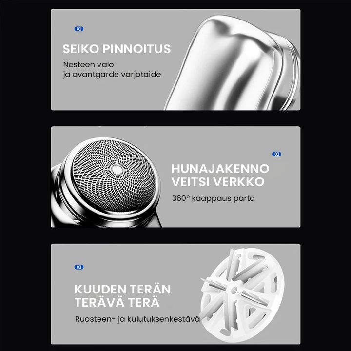 "Kompakti kannettava USB Mini parranajokone hopea, sininen, vihreä, musta väreissä, helppo matkakäyttöön ja vedenkestävä."