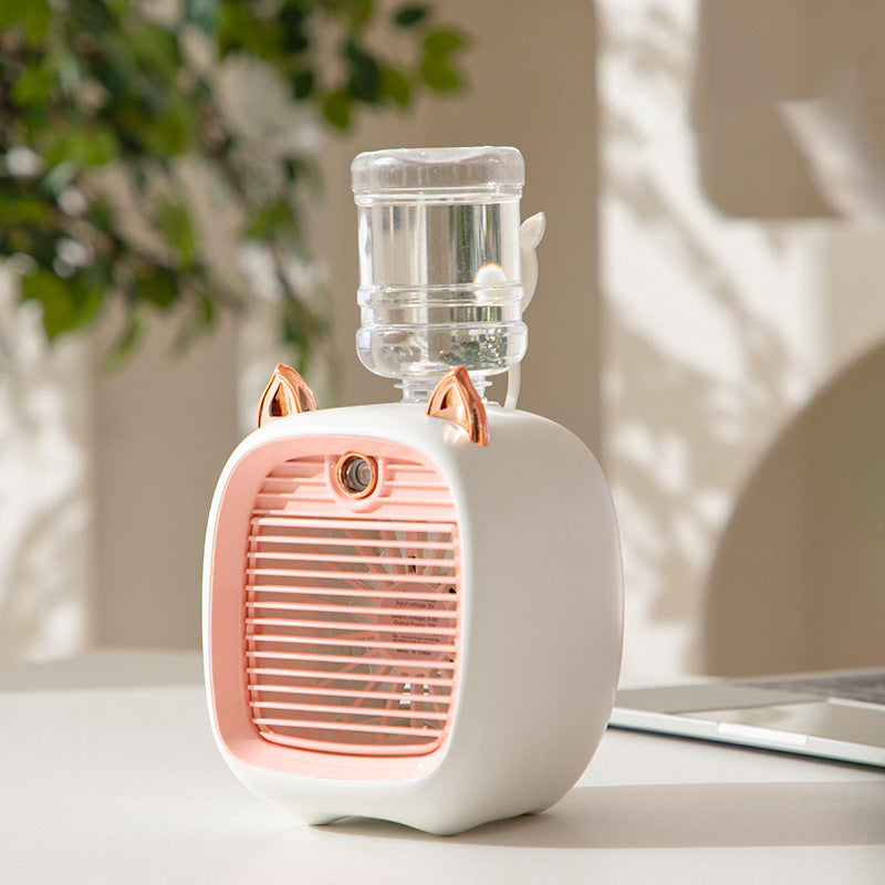Kompakt bærbar luftkøler med USB-opladning, tilgængelig i farverne grøn, pink, hvid og gul.