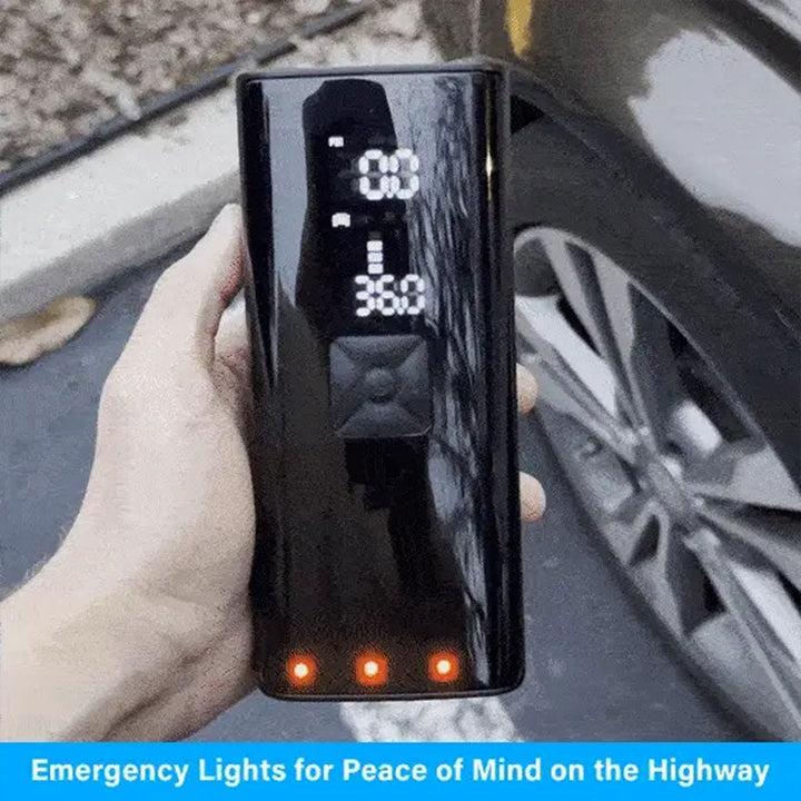 Kompakt mobil luftpumpe til bildæk, sort design, klar skærm, nem at bære og opbevare.