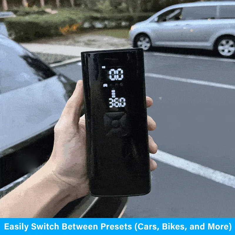 Kompakt mobil luftpumpe til bildæk, sort design, klar skærm, nem at bære og opbevare.