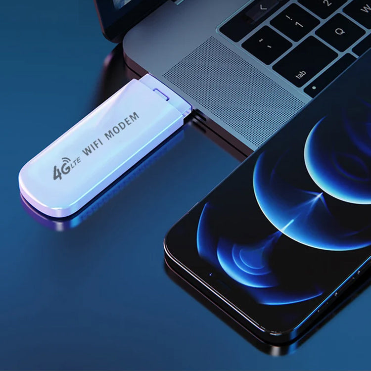 Kompakt bærbart trådløst WiFi-kort med dobbeltantenner, der tilbyder 4G-forbindelse og hotspot-funktionalitet for op til 10 enheder.