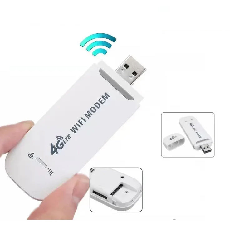 Kompakt bærbart trådløst WiFi-kort med dobbeltantenner, der tilbyder 4G-forbindelse og hotspot-funktionalitet for op til 10 enheder.
