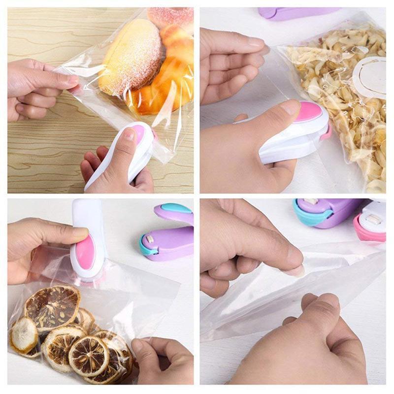 Kompakt bærbar mini varmeforseglingsmaskine til forsegling af plastikposer og opbevaring af mad frisk i køkkenet.