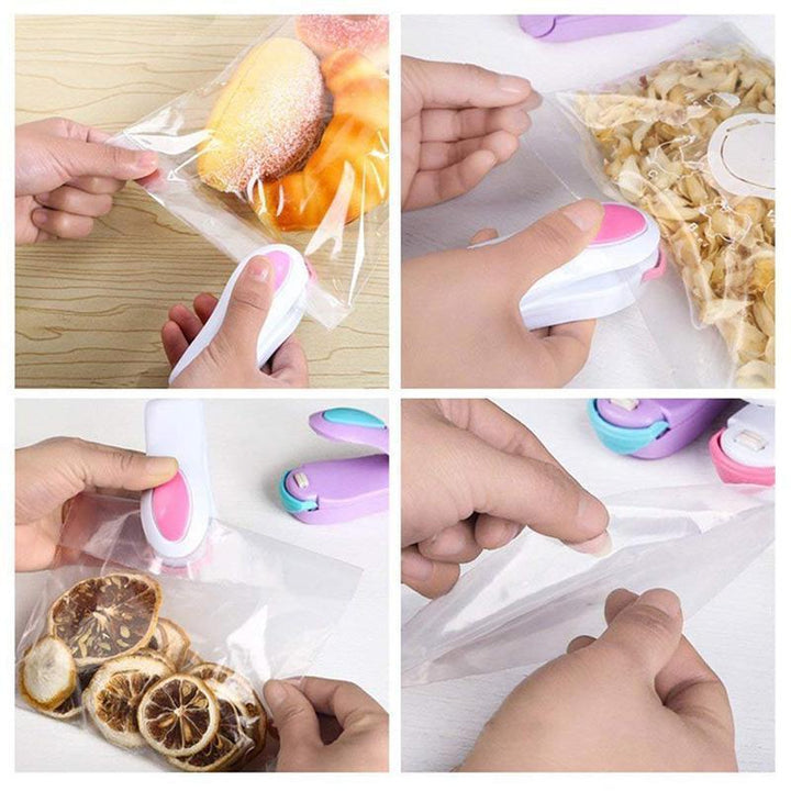 Kompakt bærbar mini varmeforseglingsmaskine til forsegling af plastikposer og opbevaring af mad frisk i køkkenet.