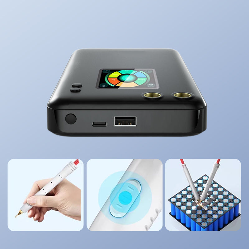 Kompakt bærbar punktsvejser med svejsepind, sort kabinet, LED-skærm, USB-porte, powerbank-funktion.
