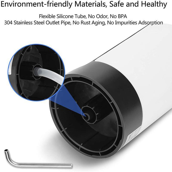 Kompakt bærbar vanddispenser med USB-opladning, sort/hvidt design, passer til de fleste vandtønder.