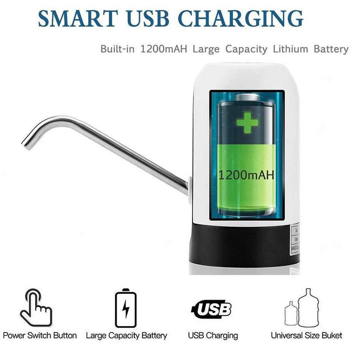 Kompakt bærbar vanddispenser med USB-opladning, sort/hvidt design, passer til de fleste vandtønder.