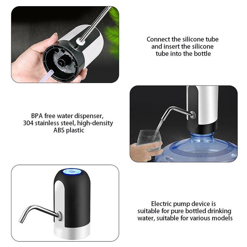 Kompakt bærbar vanddispenser med USB-opladning, sort/hvidt design, passer til de fleste vandtønder.