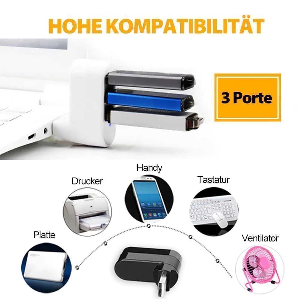 "Kompakti kolmiporttinen USB-liitin käännettävässä muodossa, kevyt ja kannettava, mahdollistaa kolmen laitteen käytön."