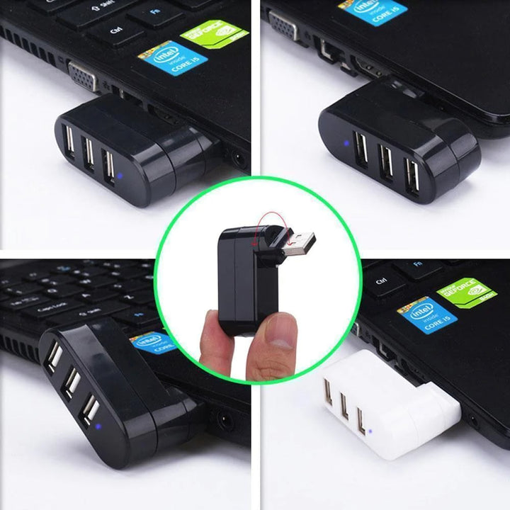 "Kompakti kolmiporttinen USB-liitin käännettävässä muodossa, kevyt ja kannettava, mahdollistaa kolmen laitteen käytön."