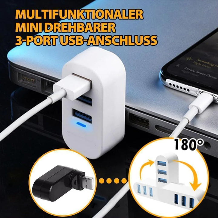 "Kompakti kolmiporttinen USB-liitin käännettävässä muodossa, kevyt ja kannettava, mahdollistaa kolmen laitteen käytön."