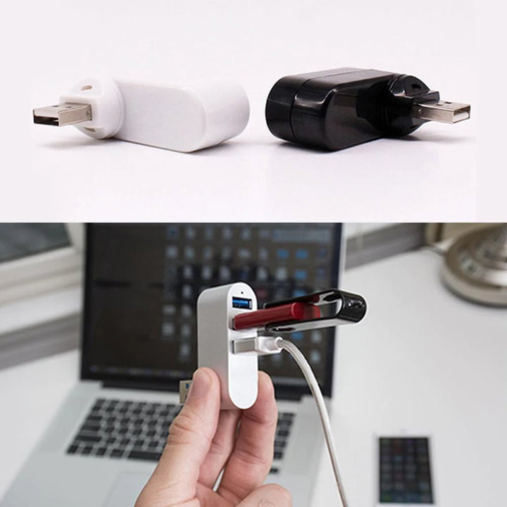 "Kompakti kolmiporttinen USB-liitin käännettävässä muodossa, kevyt ja kannettava, mahdollistaa kolmen laitteen käytön."