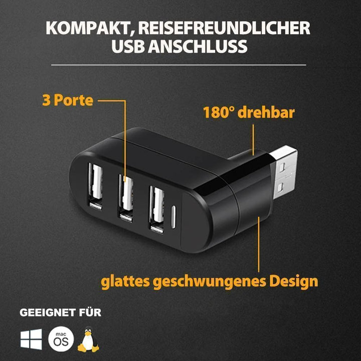"Kompakti kolmiporttinen USB-liitin käännettävässä muodossa, kevyt ja kannettava, mahdollistaa kolmen laitteen käytön."