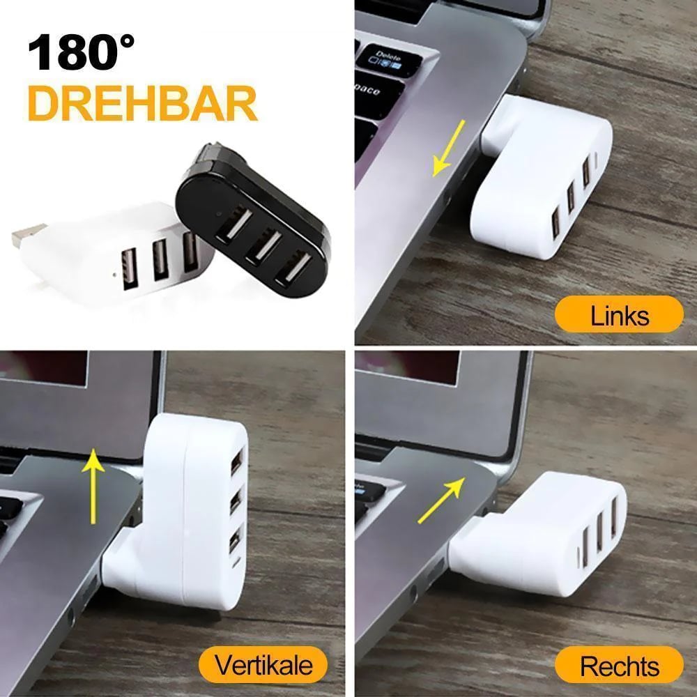 "Kompakti kolmiporttinen USB-liitin käännettävässä muodossa, kevyt ja kannettava, mahdollistaa kolmen laitteen käytön."