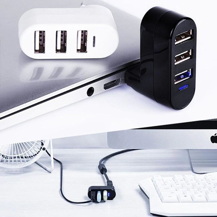 "Kompakti kolmiporttinen USB-liitin käännettävässä muodossa, kevyt ja kannettava, mahdollistaa kolmen laitteen käytön."
